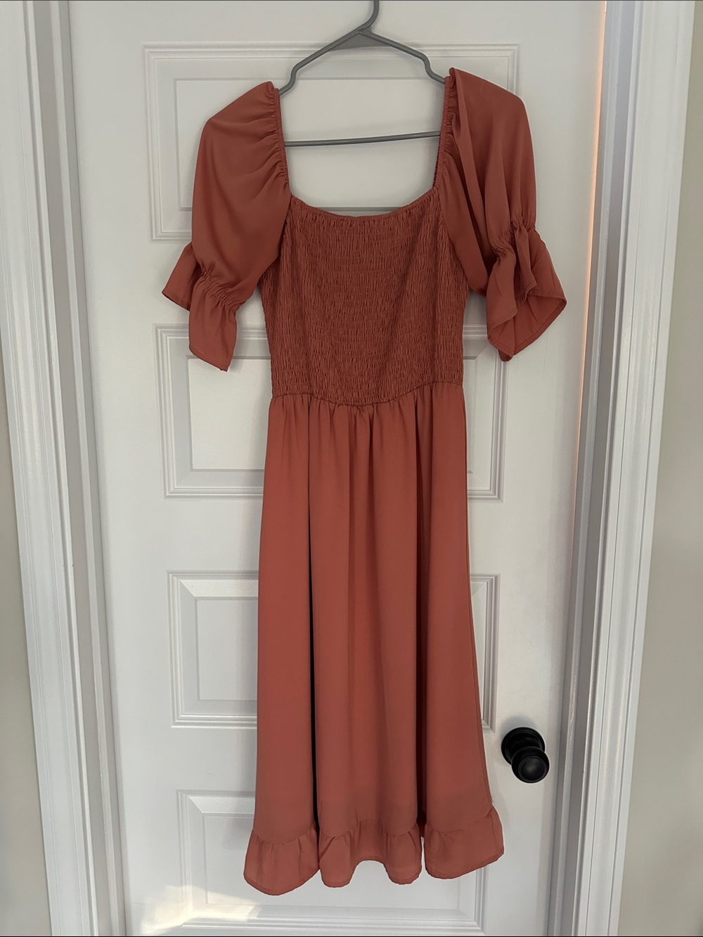 Smocked Square-Neck Midi Dress in Terracotta